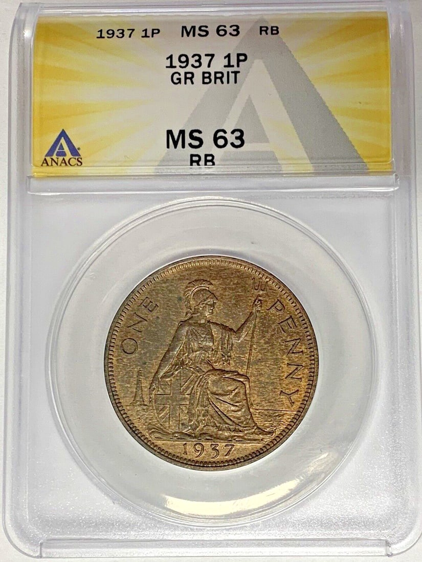 United Kingdom 1937 Penny Coin ANACS MS 63 Red Brown: United Kingdom 1937 Penny Coin ANACS MS 63 Red Brown This 1937 Great Britain One Penny coin has been graded MS 63 RB by ANACS. It features the RB (Red Brown) color designation and comes from the Unite