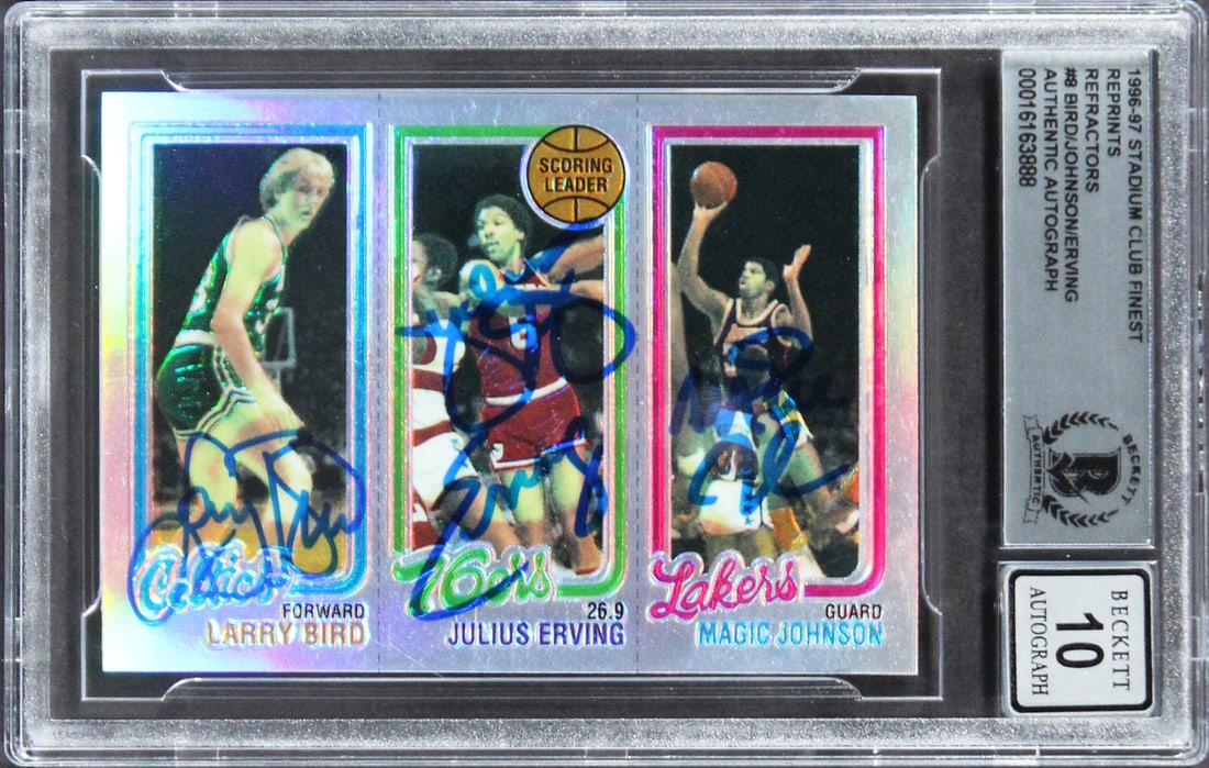 Magic Johnson Larry Bird Julius Erving Signed 1996 Stadium Club Finest Refractors Card PSA 10: Magic Johnson Larry Bird Julius Erving Signed 1996 Stadium Club Finest Refractors Card PSA 10 This exquisite 1996 Stadium Club Finest Refractors #8 card features the legendary signatures of basketball