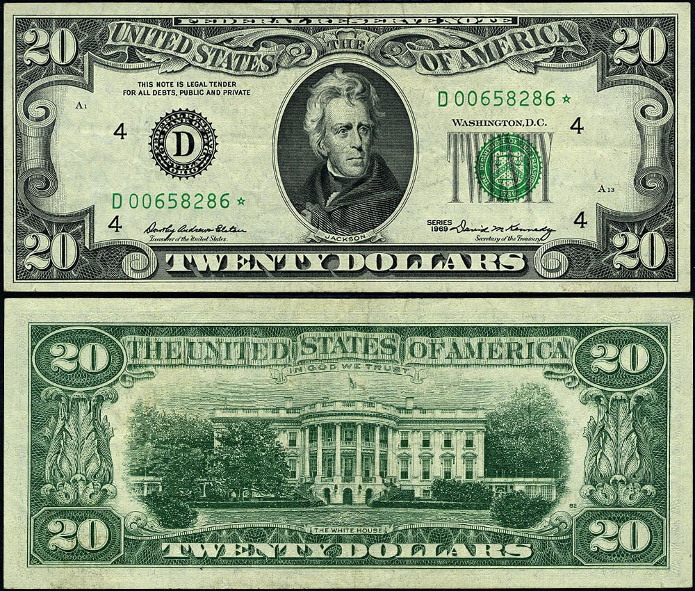 1969 $20 Cleveland Star Note FR. 2067 D-* VF+ Circulated: 1969 $20 Cleveland Star Note FR. 2067 D-* VF+ Circulated This 1969 Federal Reserve Note features the D-* block from Cleveland and is a sought-after Star note. It is graded as Very Fine Plus (VF+) and