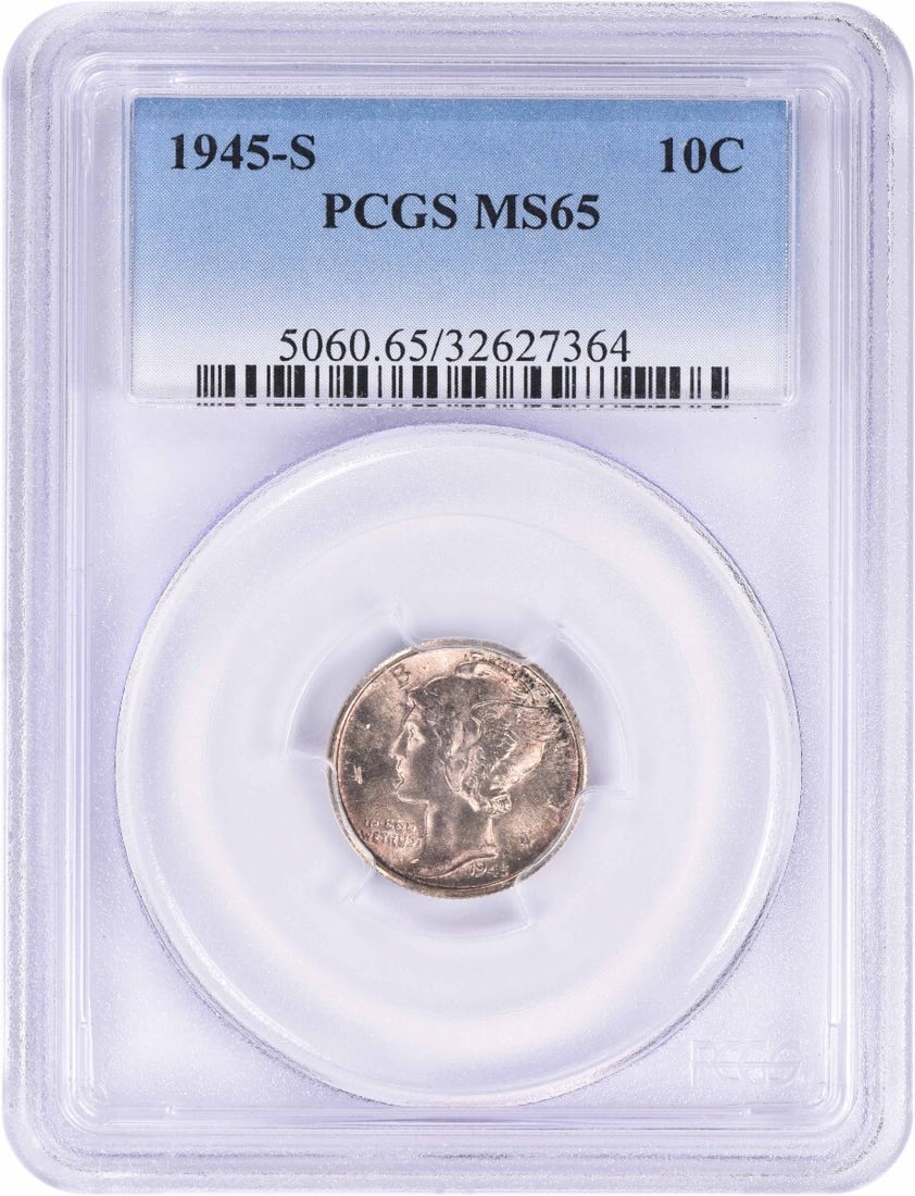 1945-S Mercury Dime MS65 Certified PCGS Silver Coin: 1945-S Mercury Dime MS65 Certified PCGS Silver Coin This 1945-S Mercury Silver Dime is a remarkable collectible, graded MS65 by PCGS, ensuring its uncirculated condition. Minted in San Francisco, this