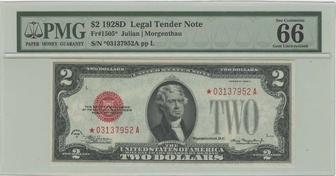 1928D $2 Legal Tender Star Note PMG 66 EPQ Gem Uncirculated: 1928D $2 Legal Tender Star Note PMG 66 EPQ Gem Uncirculated This 1928D $2 Legal Tender Note, designated as FR#1505*, is a remarkable collector's item, certified by PMG with a grade of MS66. This note