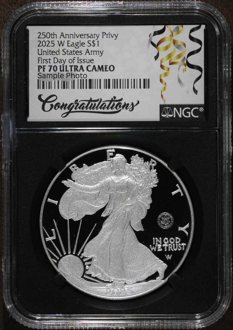 2025-W Proof American Silver Eagle U.S. Army Privy NGC PF70 First Day: 2025-W Proof American Silver Eagle U.S. Army Privy NGC PF70 First Day This remarkable 2025-W Proof American Silver Eagle coin features the prestigious U.S. Army privy mark, symbolizing honor and servi