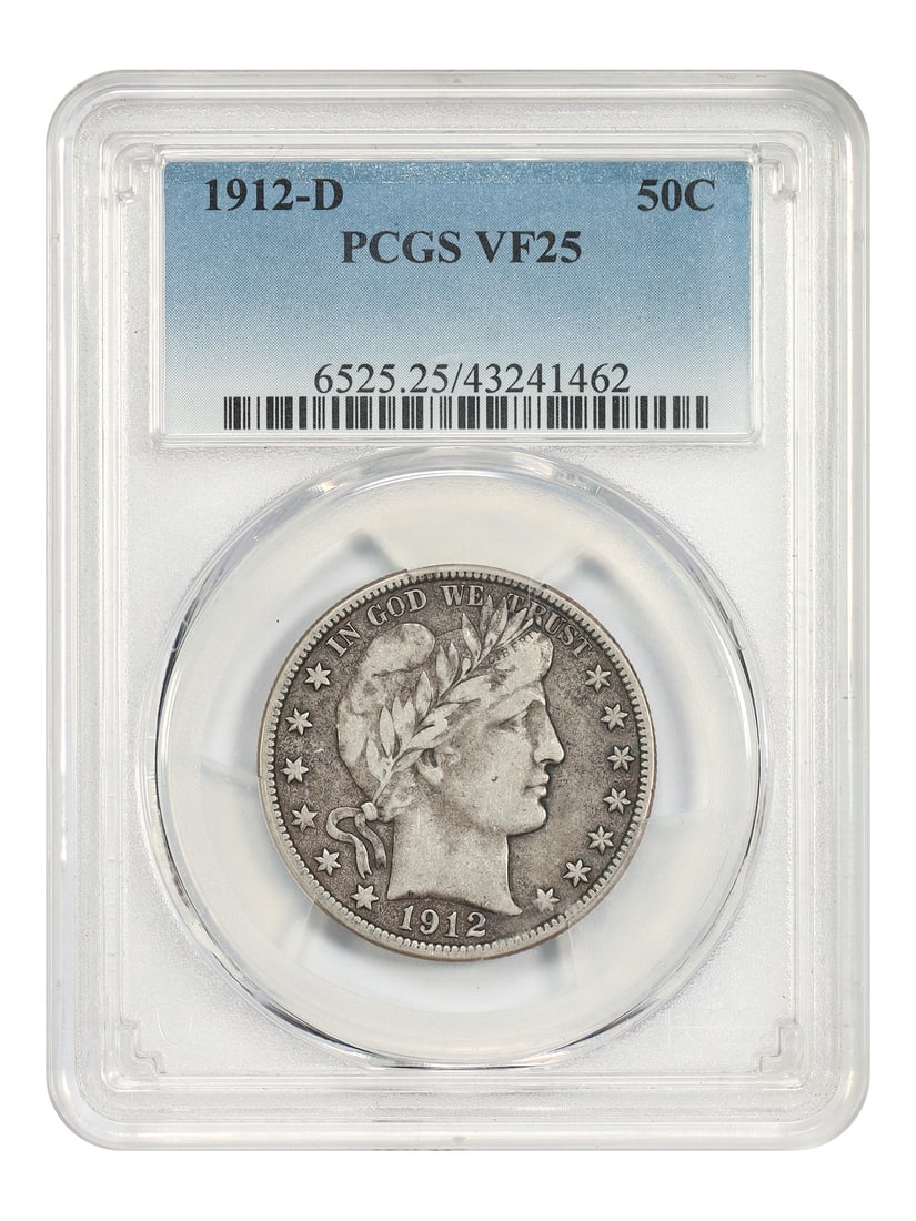 Barber Half Dollar 1912-D PCGS Graded VF25 Fifty Cent Coin: Barber Half Dollar 1912-D PCGS Graded VF25 Fifty Cent Coin This 1912-D Barber Half Dollar is certified by PCGS with a grade of VF25. Minted in Denver, this circulated coin is part of the Barber Half D