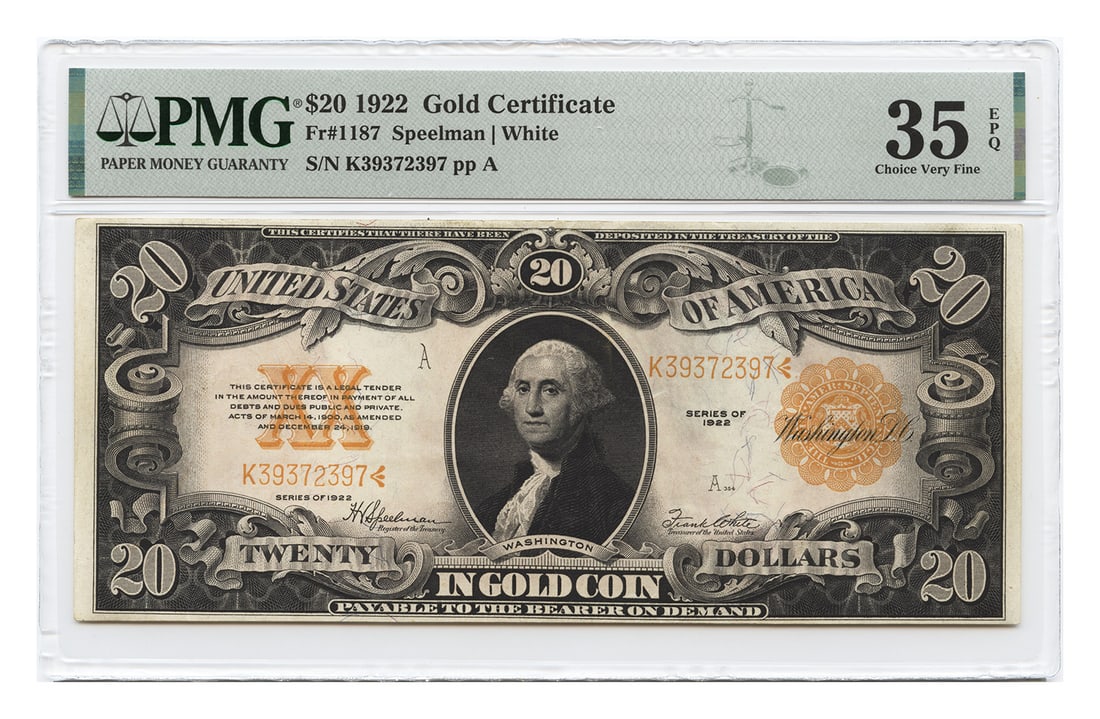 1922 $20 Gold Certificate Large Size PMG VF35 EPQ (1 of 2)