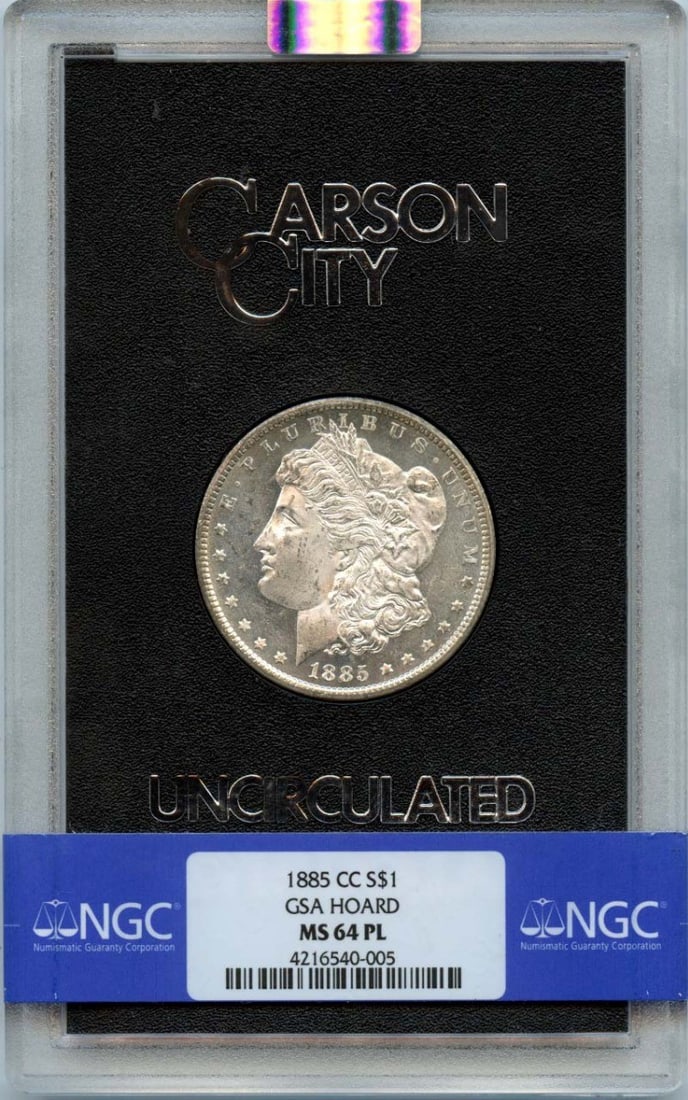 NGC MS64PL Carson City 1885 Morgan Silver Dollar GSA Hoard: NGC MS64PL Carson City 1885 Morgan Silver Dollar GSA Hoard This 1885-CC Morgan Dollar from the GSA Hoard is graded MS64 Proof-Like by NGC. Minted in Carson City, it features the iconic Morgan Dollar d