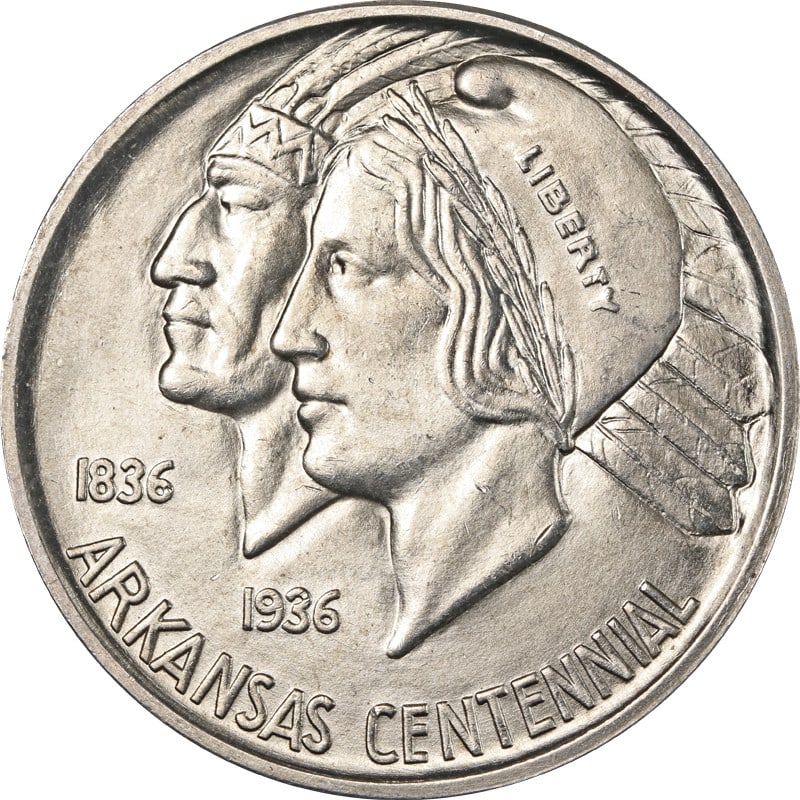 1937 D Silver Arkansas Commemorative Half Dollar Coin United States: 1937 D Silver Arkansas Commemorative Half Dollar Coin United States This is a 1937-D Arkansas Commemorative Half Dollar, minted in Denver. The coin is composed of 90% silver and has been circulated. I