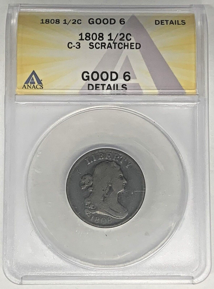 ANACS Certified 1808 Draped Bust Half Cent Coin G 6 C-3 Variety: ANACS Certified 1808 Draped Bust Half Cent Coin G 6 C-3 Variety This is an 1808 Draped Bust Half Cent coin from the United States, certified by ANACS with a grade of G 6 Details. The coin is a C-3 var