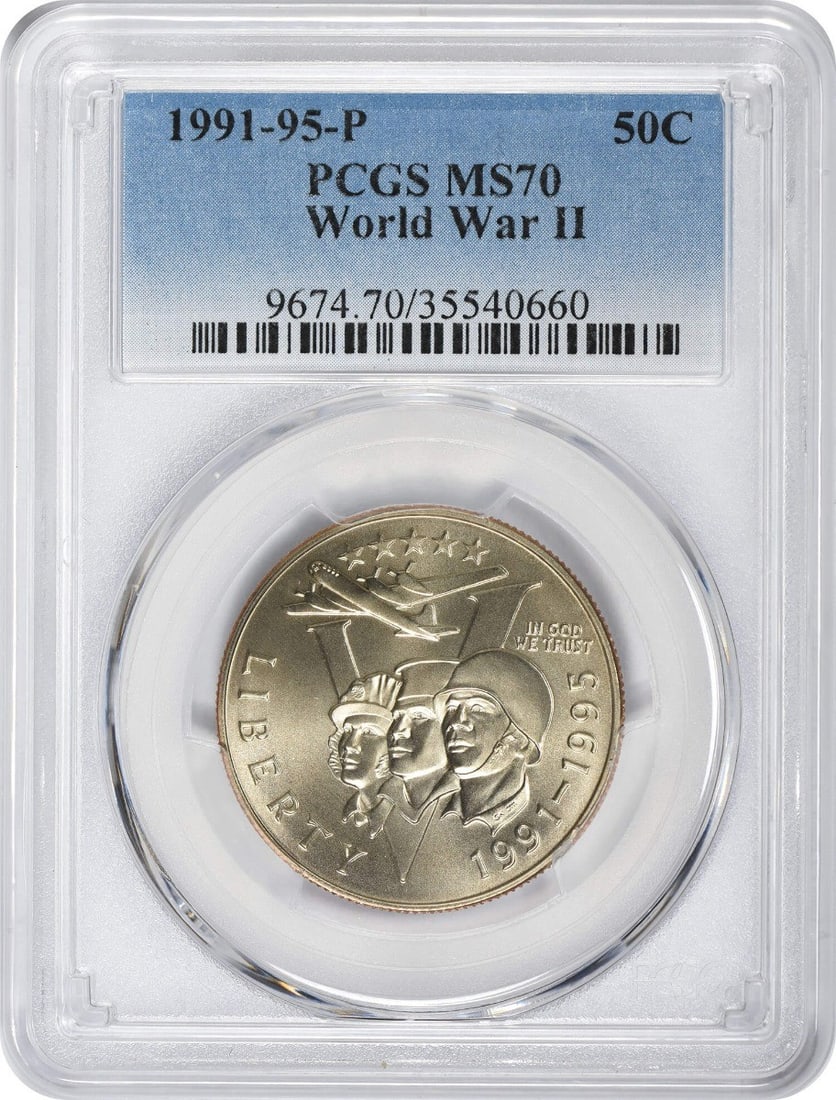 1993 World War II Commemorative Half Dollar MS70 PCGS: 1993 World War II Commemorative Half Dollar MS70 PCGS This 1993 World War II Commemorative Half Dollar is a stunning piece of American history, certified by PCGS with a perfect grade of MS70. Struck i