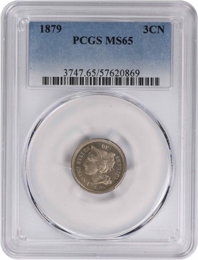 1879 Three Cent Nickel MS65 PCGS Uncirculated Copper Nickel: 1879 Three Cent Nickel MS65 PCGS Uncirculated Copper Nickel Discover this stunning 1879 Three Cent Nickel, graded MS65 by PCGS, a true gem for collectors. This uncirculated coin was minted in Philadel