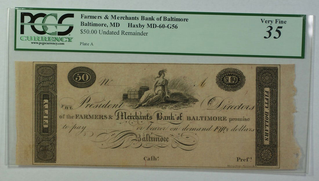 $5 Farmers & Merchants Bank Baltimore Maryland PCGS 35 Haxby MD-60-G56 Note (1 of 2)