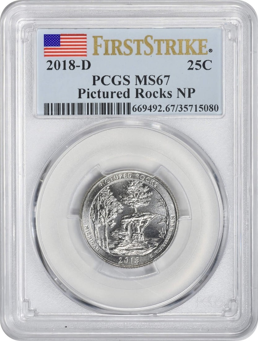 2018-D Pictured Rocks Quarter MS67 PCGS Certified Uncirculated: 2018-D Pictured Rocks Quarter MS67 PCGS Certified Uncirculated This 2018-D Pictured Rocks ATB National Park Quarter is a stunning example of numismatic artistry, certified by PCGS with a grade of MS67