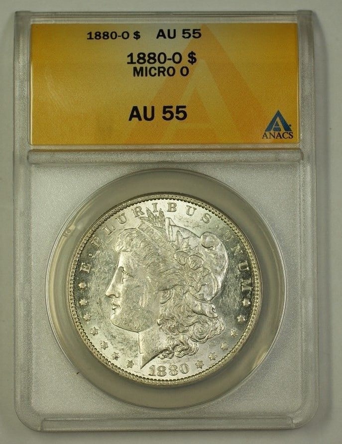 1880-O Morgan Silver Dollar VAM-56 Micro O ANACS AU 55 Certified: 1880-O Morgan Silver Dollar VAM-56 Micro O ANACS AU 55 Certified This is an 1880-O US Morgan Silver Dollar featuring the Micro O VAM-56 variety. Graded AU-55, this coin was minted in New Orleans and i