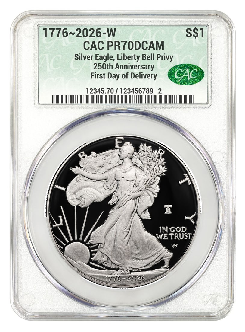2026 Proof Silver American Eagle Bell Privy PF70 CACG Dollar Presale (1 of 2)