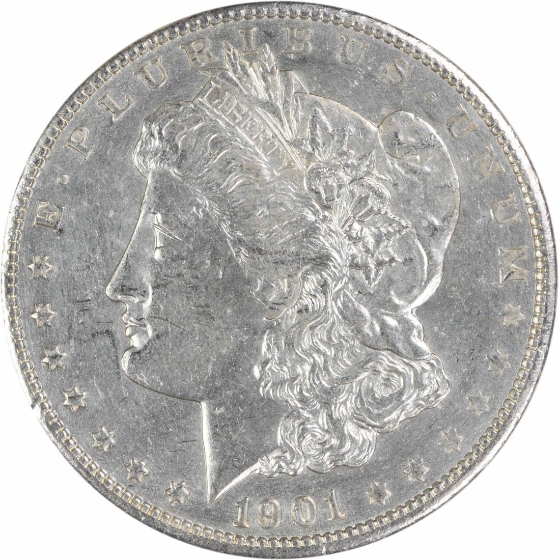 1901 New Orleans Morgan Dollar 90 Percent Silver AU Uncertified: 1901 New Orleans Morgan Dollar 90 Percent Silver AU Uncertified This 1901-O Morgan Silver Dollar is an uncertified coin in About Uncirculated (AU) condition. Minted in New Orleans, the coin is compose