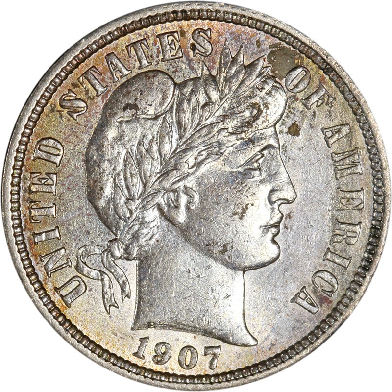1907 Philadelphia Silver Barber Dime United States Coin: 1907 Philadelphia Silver Barber Dime United States Coin This 1907-P Barber Dime was minted in Philadelphia and is composed of silver. The coin is circulated and offered in pre-owned condition. It repr