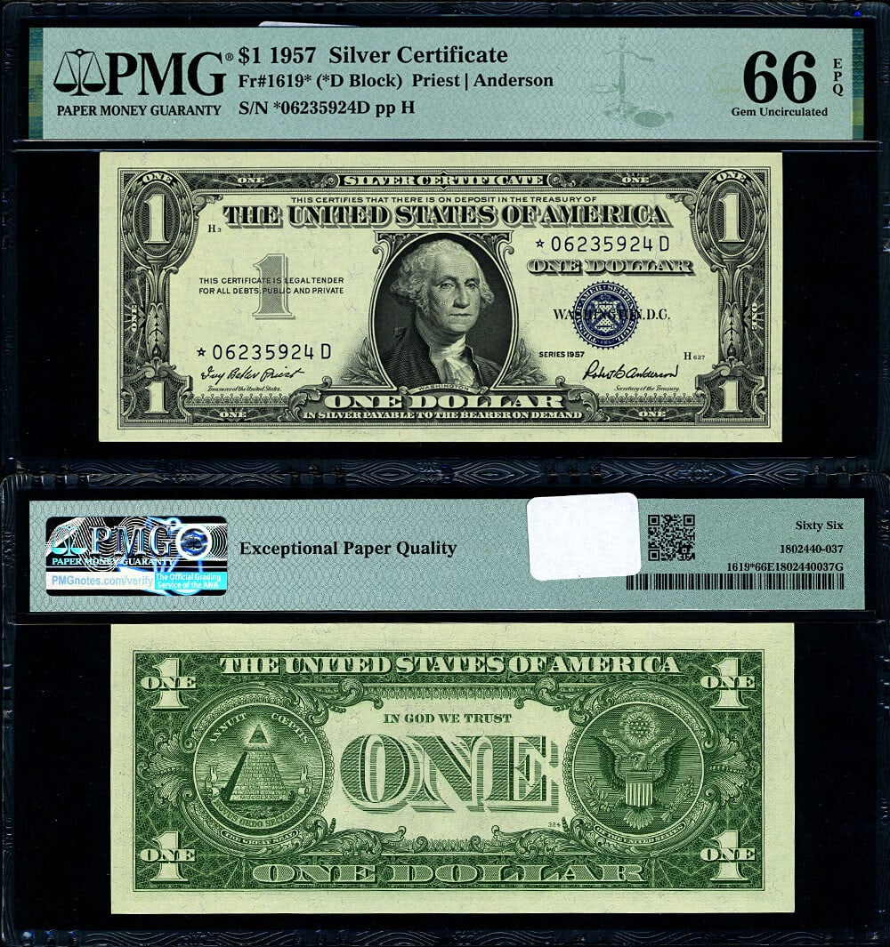 PMG CU66 EPQ Gem 1957 $1 Silver Certificate Star D Block FR 1619*: PMG CU66 EPQ Gem 1957 $1 Silver Certificate Star D Block FR 1619* This is a 1957 $1 Silver Certificate from the FR. 1619* series, designated as a D Block Star note. Graded by PMG as Gem CU66 EPQ, this