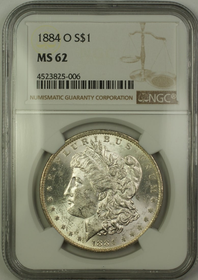 NGC MS-62 1884-O Silver Morgan Dollar Uncirculated $1 Coin: NGC MS-62 1884-O Silver Morgan Dollar Uncirculated $1 Coin This is an 1884-O Morgan Silver Dollar $1 coin, graded MS-62 by NGC. Minted in New Orleans, this uncirculated coin is composed of silver and