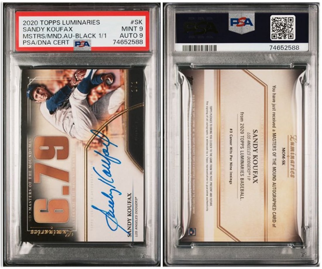Sandy Koufax 2020 Topps Master of The Mound Signed Black 1/1 PSA 9 Baseball Card: Sandy Koufax 2020 Topps Master of The Mound Signed Black 1/1 PSA 9 Baseball Card This is a rare Sandy Koufax 2020 Topps Master of The Mound Signed Black 1/1 baseball card, featuring the legendary pitc