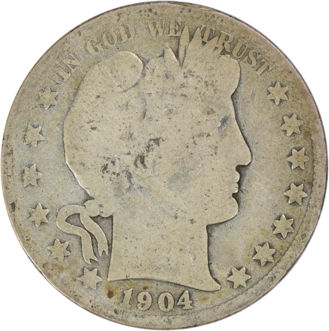 1904 San Francisco Barber Half Dollar 90 Percent Silver Uncertified: 1904 San Francisco Barber Half Dollar 90 Percent Silver Uncertified This 1904-S Barber Half Dollar is a circulated coin from the United States, minted in San Francisco. Designed by Charles E. Barber,