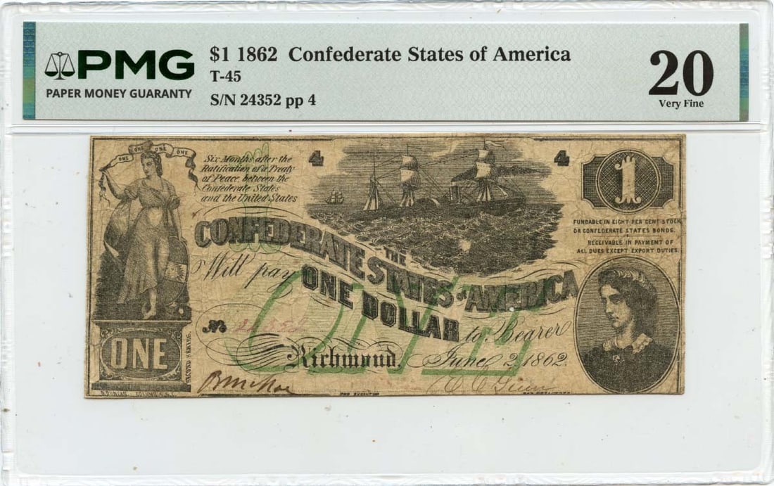 Confederate States 1862 One Dollar Note T-45 PMG VF20 (1 of 2)