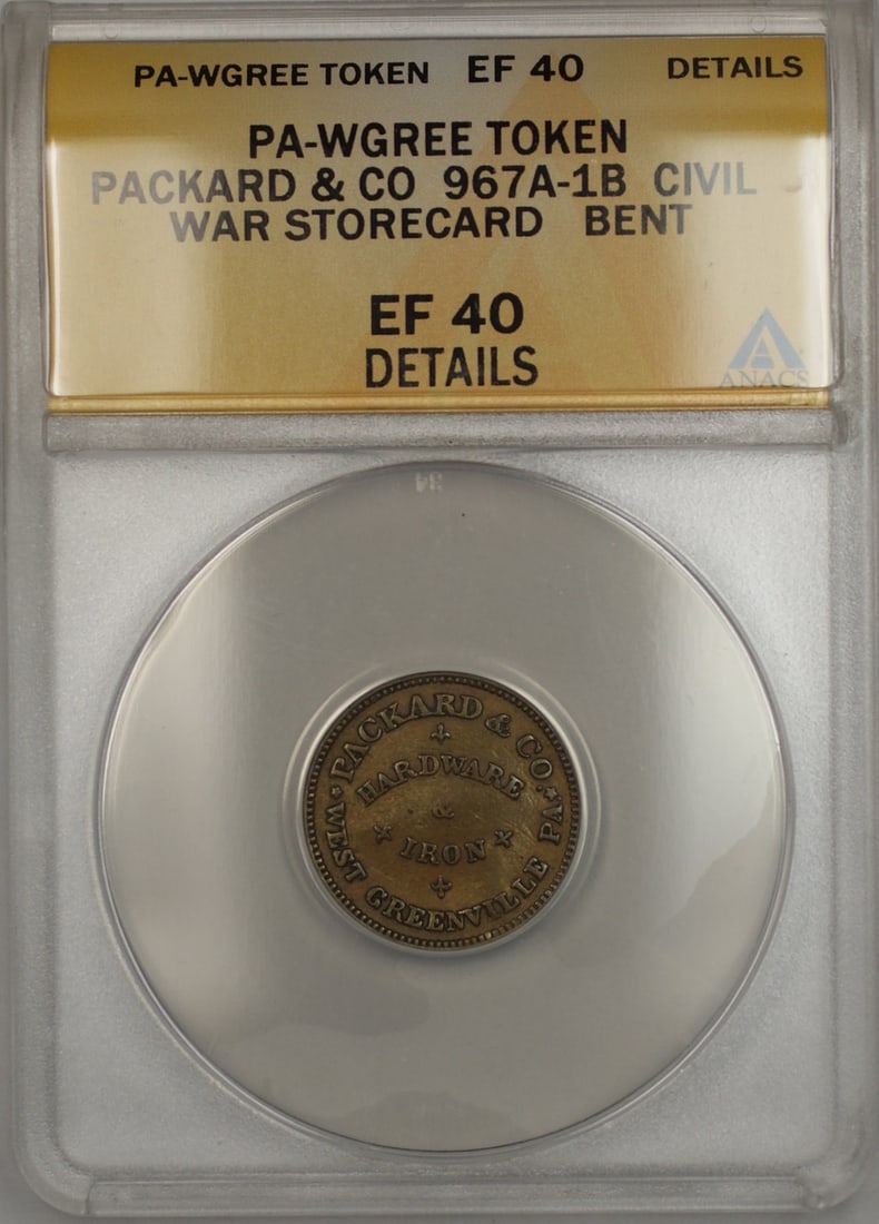 ANACS EF 40 Details PA-WGREEN Packard Civil War Storecard Token 967A-1B: ANACS EF 40 Details PA-WGREEN Packard Civil War Storecard Token 967A-1B This is a Civil War-era PA-WGREEN Packard & Co storecard token, cataloged as 967A-1B. Certified by ANACS with a grade of EF 40 D