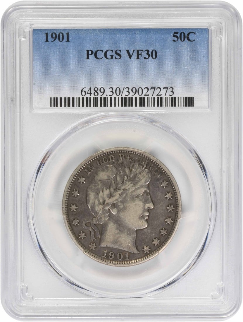1901 Barber Half Dollar 90 Percent Silver Graded VF30 by PCGS: 1901 Barber Half Dollar 90 Percent Silver Graded VF30 by PCGS This 1901 Barber Half Dollar is graded VF30 by PCGS and was minted in Philadelphia. The coin features a composition of 90% silver and 10%