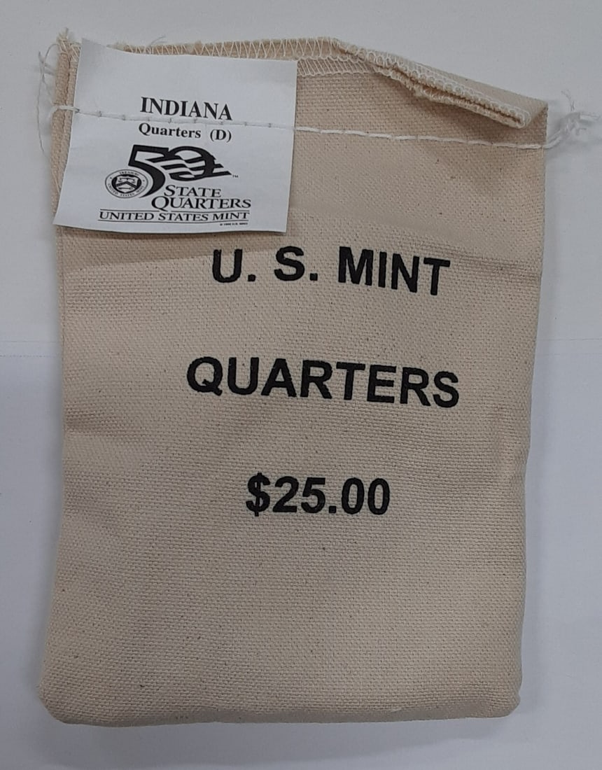 100 Uncirculated 2002-D Indiana Quarters in Original U.S. Mint Sewn Bag: 100 Uncirculated 2002-D Indiana Quarters in Original U.S. Mint Sewn Bag This is an original U.S. Mint sewn bag containing 100 uncirculated Indiana Statehood Quarters from 2002, each with a face value