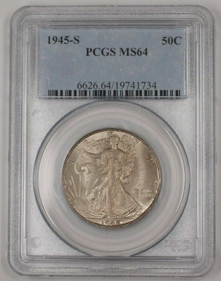 PCGS MS-64 1945-S Walking Liberty Half Dollar Silver Coin San Francisco Mint: PCGS MS-64 1945-S Walking Liberty Half Dollar Silver Coin San Francisco Mint This 1945-S Walking Liberty Silver Half Dollar features a light toning and is certified by PCGS with a grade of MS 64.