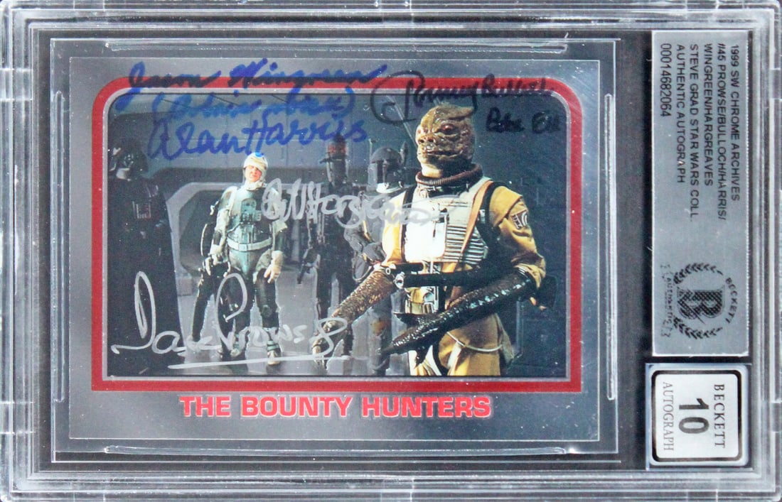 1999 Star Wars Chrome #45 Card Signed by 5 Actors Gem Mint 10 Beckett: 1999 Star Wars Chrome #45 Card Signed by 5 Actors Gem Mint 10 Beckett This is a rare autographed 1999 Star Wars Chrome #45 card, graded Gem Mint 10 by Beckett Authentication Services. It features the