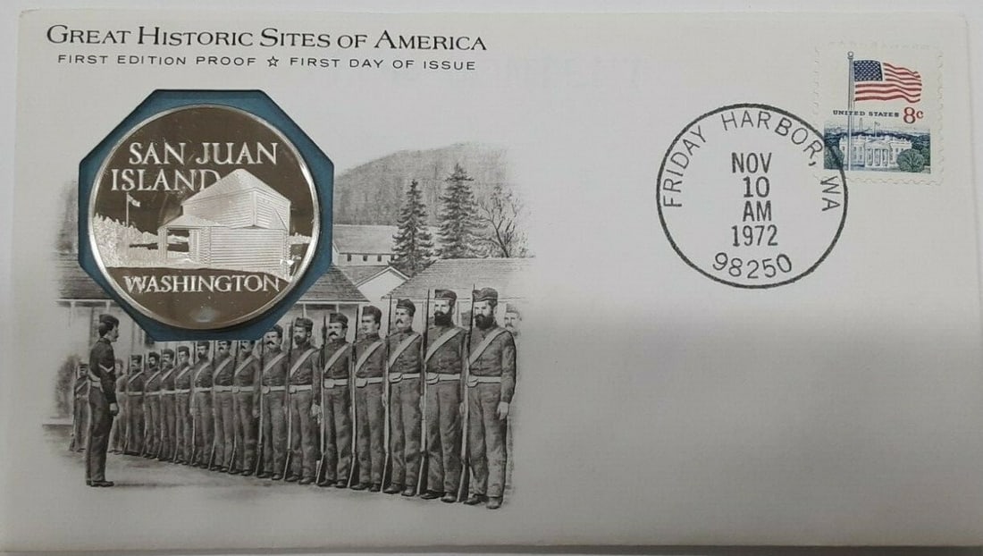 San Juan Island 1972 Sterling Proof Medal First Day Cover With 8c Stamp: San Juan Island 1972 Sterling Proof Medal First Day Cover With 8c Stamp This limited edition 1972 San Juan Island, Washington Great Historic Sites medal is a proof strike crafted in sterling silver wi