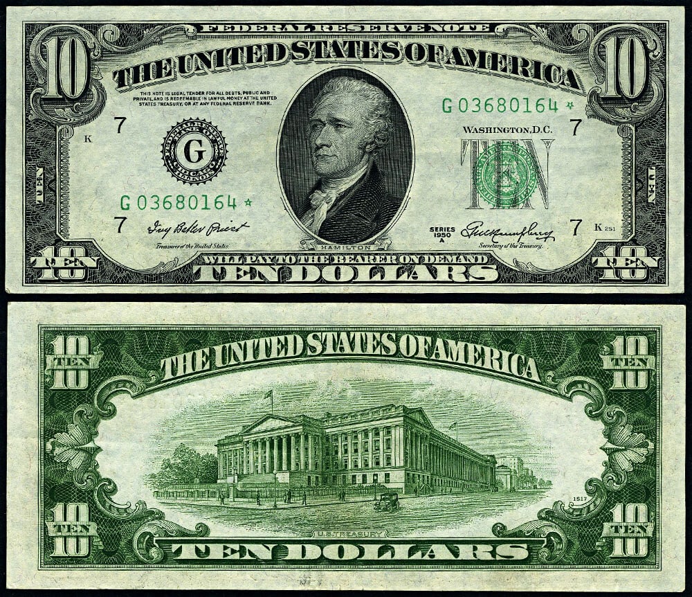 1950-A $10 Federal Reserve Note Chicago G-* Block AU Choice (1 of 3)