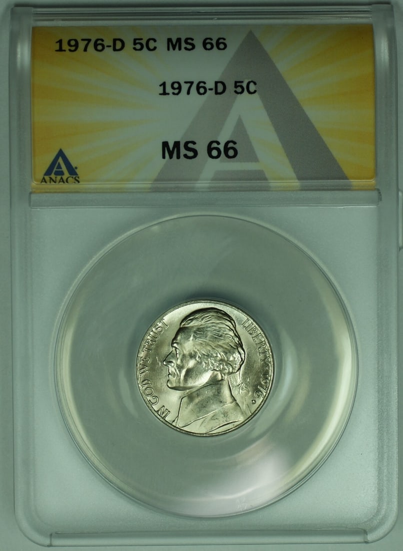ANACS MS 66 1976-D Five Cent Jefferson Uncirculated Nickel: ANACS MS 66 1976-D Five Cent Jefferson Uncirculated Nickel This is a 1976-D Jefferson Nickel with a denomination of 5 cents, certified by ANACS and graded MS 66. The coin is uncirculated and originate