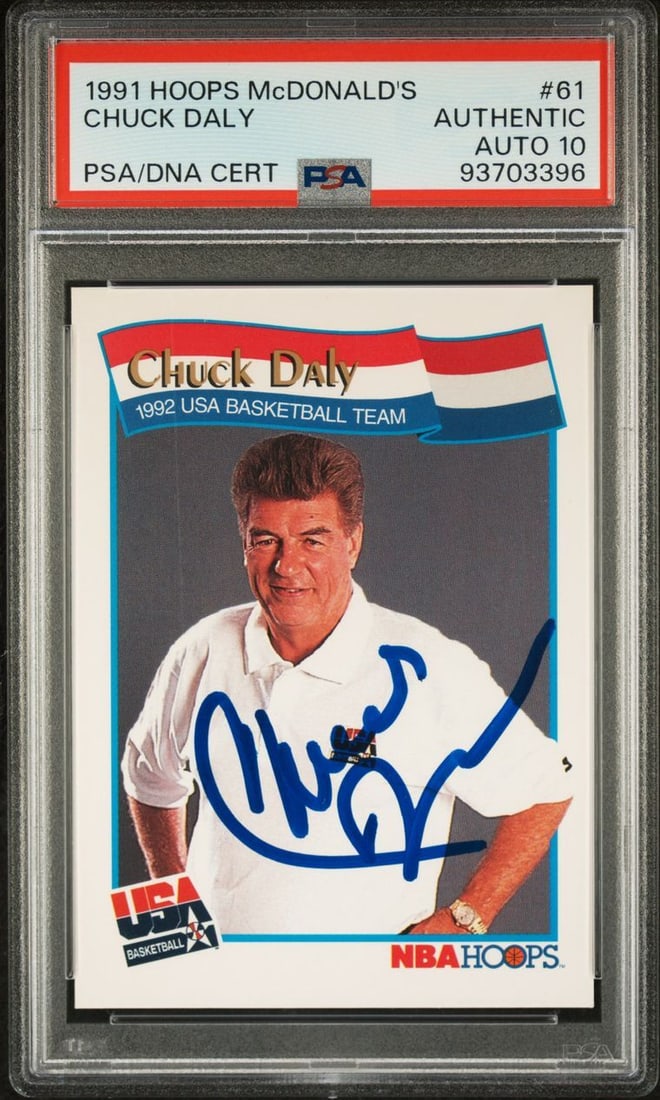 1991 Hoops McDonald's #61 Chuck Daly Signed Card PSA/DNA Authenticated: 1991 Hoops McDonald's #61 Chuck Daly Signed Card PSA/DNA Authenticated This listing features a 1991 Hoops McDonald's #61 Chuck Daly signed card, showcasing the legendary coach's autograph. The signatu