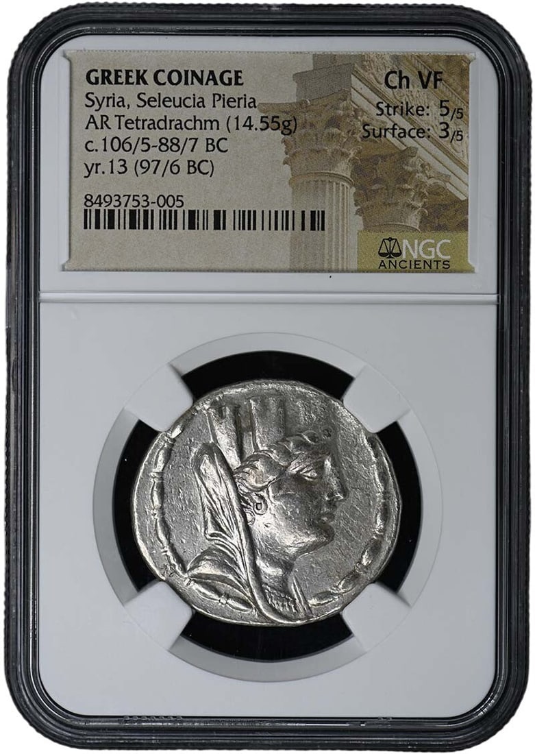 Seleucia Pieria Silver Tetradrachm Ancient Greek Coin 14.55g NGC Certified: Seleucia Pieria Silver Tetradrachm Ancient Greek Coin 14.55g NGC Certified This Seleucia Pieria AR Tetradrachm is an ancient Greek coin from Syria, weighing 14.55 grams. The coin is certified by NGC w