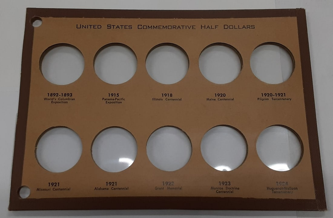 Set of 5 Meghrig Coin Pages for Classic Commemorative Halves 1375A-E: Set of 5 Meghrig Coin Pages for Classic Commemorative Halves 1375A-E This set includes five Meghrig Line Mark coin pages, specifically designed for U.S. classic commemorative half dollars dated from 1