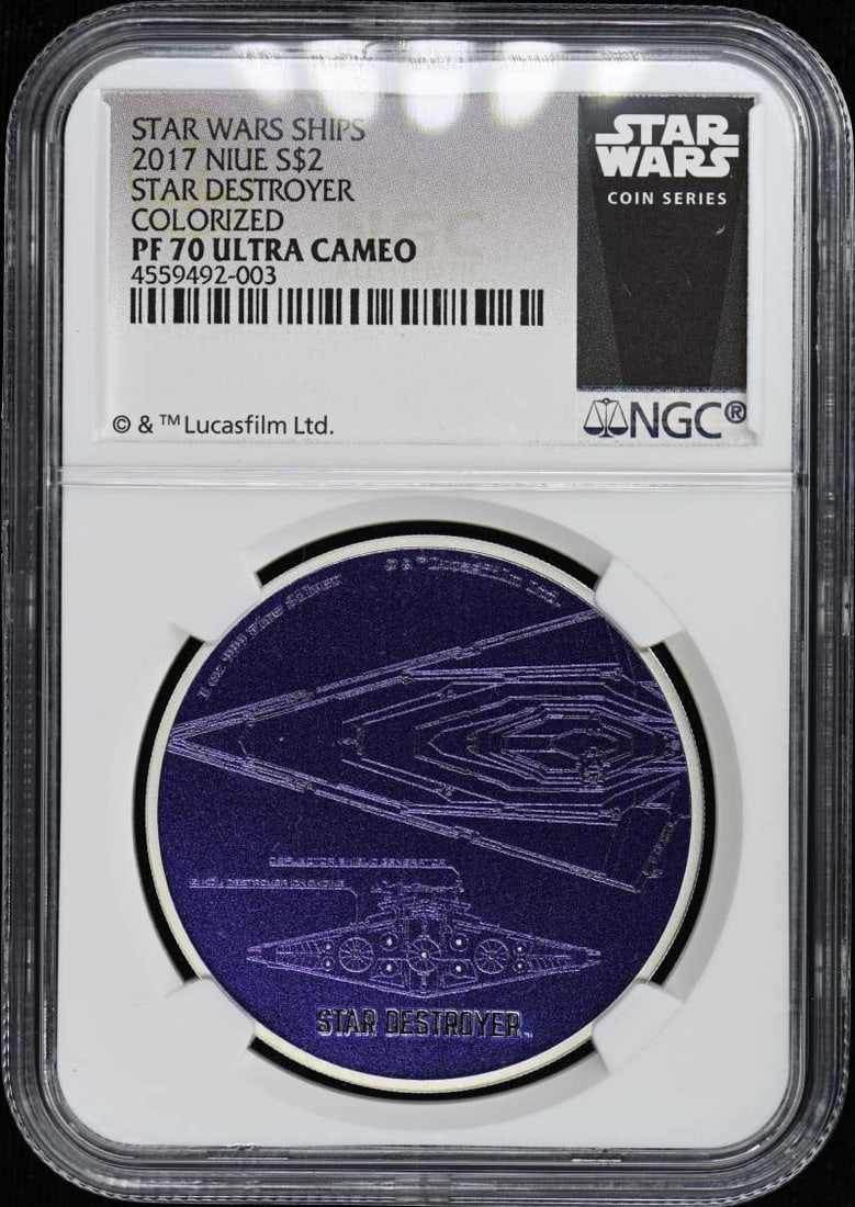 2017 Niue S$2 Star Destroyer Colorized NGC PR70 Coin: 2017 Niue S$2 Star Destroyer Colorized NGC PR70 Coin This is a 2017 Niue Star Destroyer colorized $2 coin, graded PR70 Deep Cameo (DCAM) by NGC. The coin is un-used and in pre-owned condition, featuri