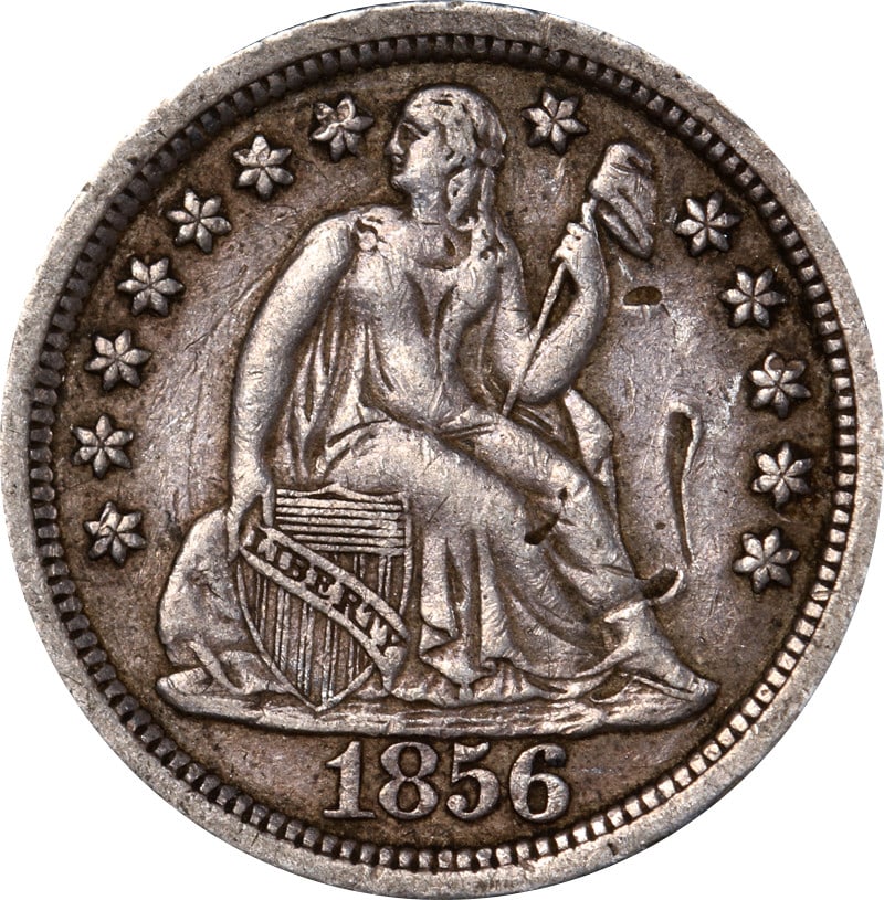 Silver 1856 Philadelphia Seated Liberty Dime With Large Date: Silver 1856 Philadelphia Seated Liberty Dime With Large Date This 1856-P Seated Liberty Dime features the Large Date variety and was minted in Philadelphia. The coin is composed of silver and is in ci