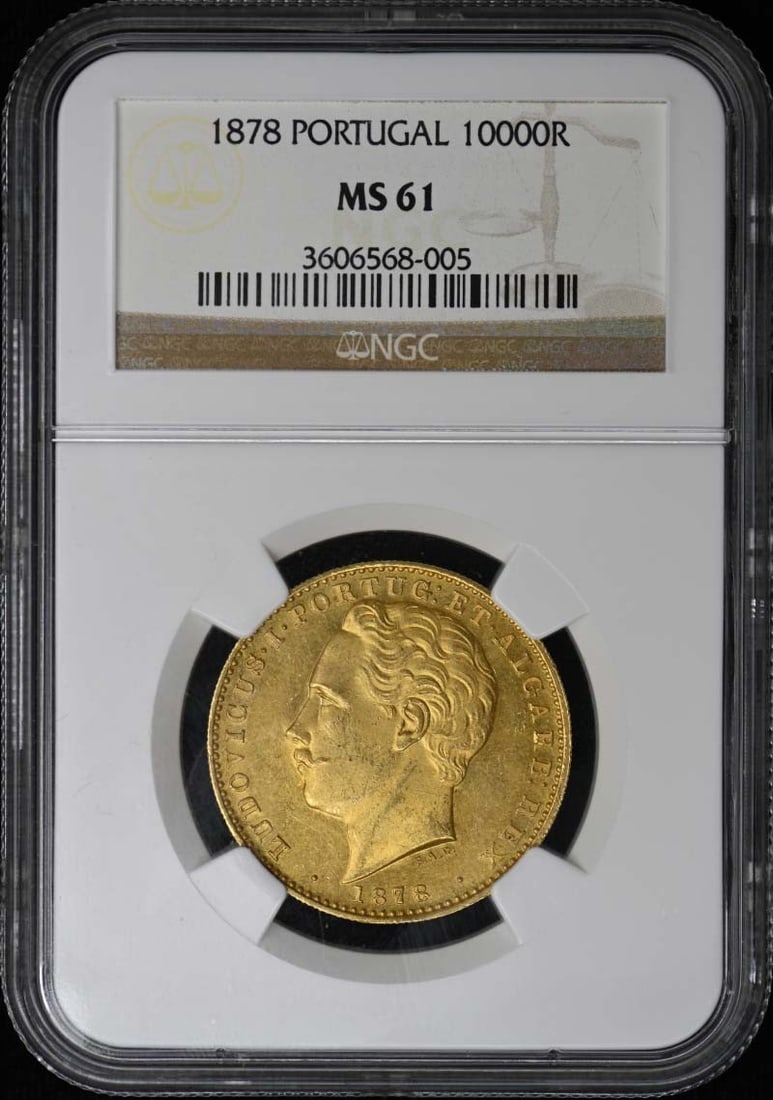 Portugal 1878 10000 Reis Gold Coin NGC MS61 Certified: Portugal 1878 10000 Reis Gold Coin NGC MS61 Certified This 1878 Portugal 10000 Reis gold coin is certified by NGC with a grade of MS61, indicating an un-used, pre-owned condition. With a limited minta