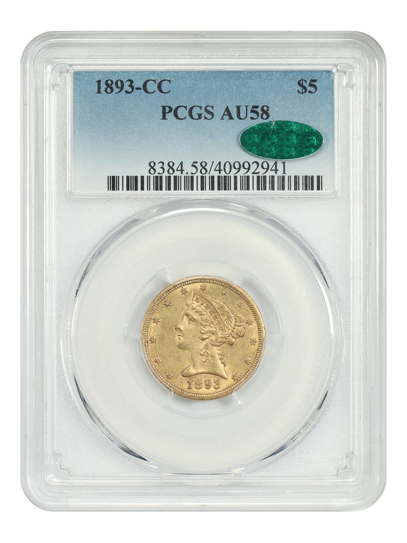 Carson City Liberty Head $5 Gold 1893 Coin PCGS CAC AU58: Carson City Liberty Head $5 Gold 1893 Coin PCGS CAC AU58 This 1893-CC Liberty Head $5 gold coin is certified by PCGS and features CAC approval. Graded AU58, it is a circulated example from the Carson