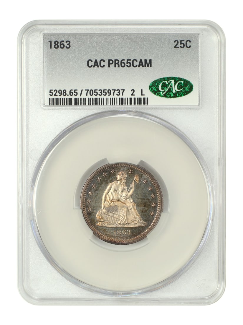 CACG Certified 1863 Proof Liberty Seated Quarter PR65CAM Civil War Issue: CACG Certified 1863 Proof Liberty Seated Quarter PR65CAM Civil War Issue This 1863 Liberty Seated Quarter is a Civil War era proof coin, recognized for its cameo contrast and superior preservation. Gr