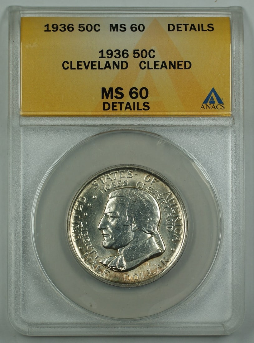 1936 Cleveland Centennial Silver Half Dollar ANACS MS 60 Details Cleaned: 1936 Cleveland Centennial Silver Half Dollar ANACS MS 60 Details Cleaned This 1936 Cleveland Centennial Great Lakes Exposition Silver Half Dollar commemorative coin was minted in Philadelphia and is c