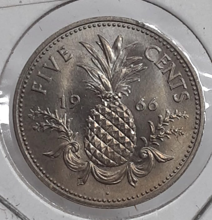 Roll of 25 Uncirculated 1966 Bahamas 5 Cent Pineapple KM3 Coins in Wrapper: Roll of 25 Uncirculated 1966 Bahamas 5 Cent Pineapple KM3 Coins in Wrapper This roll contains 25 uncirculated 1966 Bahamas 5 cent coins featuring Queen Elizabeth II and a pineapple design. Each coin i