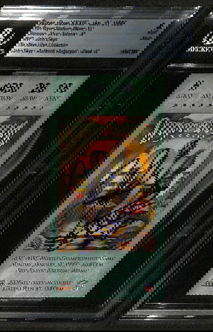 John Elway Signed Super Bowl XXXIII Ticket Inscribed MVP Beckett 10: John Elway Signed Super Bowl XXXIII Ticket Inscribed MVP Beckett 10 This remarkable Super Bowl XXXIII ticket is signed by Hall of Famer John Elway, encapsulated and graded a perfect 10 by Beckett Auth