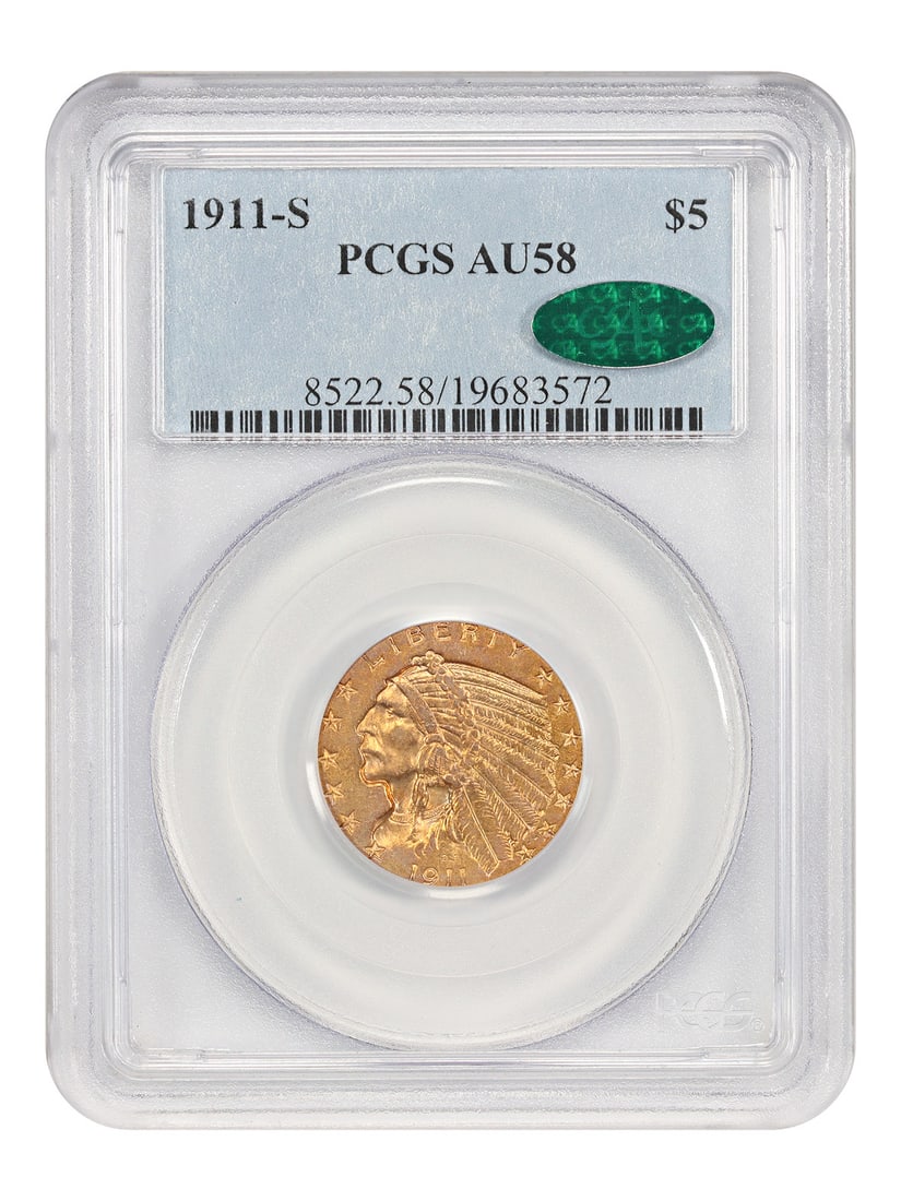 1911-S Indian $5 Gold Half Eagle PCGS CAC AU58 San Francisco Mint: 1911-S Indian $5 Gold Half Eagle PCGS CAC AU58 San Francisco Mint This 1911-S Indian $5 gold coin is a scarce S-Mint Half Eagle, certified by PCGS with a grade of AU58 and CAC approval. Designed by Be
