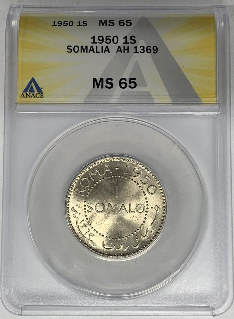 Somalia 1 Somalo 1950 ANACS MS 65 Certified Coin: Somalia 1 Somalo 1950 ANACS MS 65 Certified Coin This is a 1950 Somalia 1 Somalo coin, certified by ANACS with a grade of MS 65. The coin is pre-owned and originates from Somalia. Specifications Count
