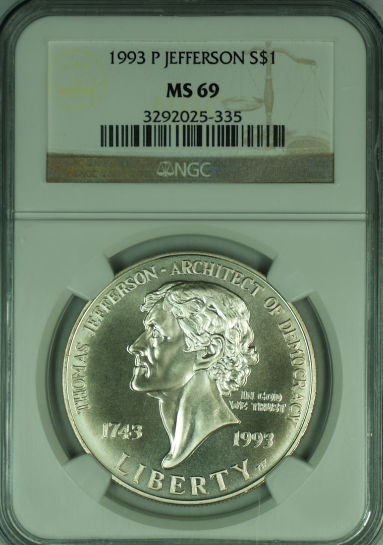 NGC MS 69 1993 Silver $1 Thomas Jefferson Commemorative Coin: NGC MS 69 1993 Silver $1 Thomas Jefferson Commemorative Coin This is a 1993 Thomas Jefferson Commemorative Silver $1 Dollar coin, certified by NGC with a grade of MS 69. The coin is uncirculated and f