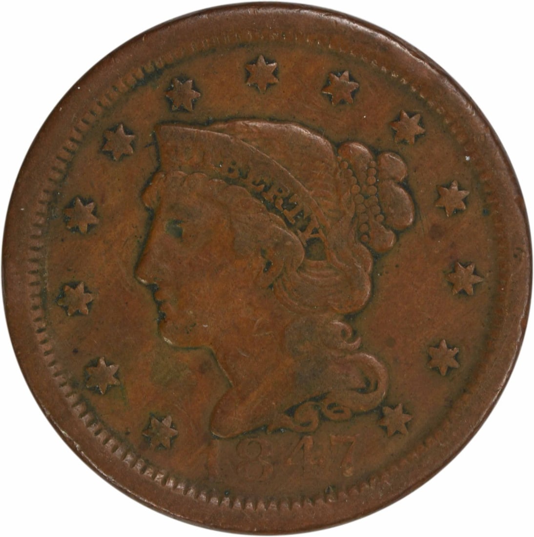 1847 Braided Hair Large Cent Copper VF Uncertified Philadelphia: 1847 Braided Hair Large Cent Copper VF Uncertified Philadelphia This 1847 Large Cent features a design by Christian Gobrecht and is classified as a VF (Very Fine) grade coin. Minted in Philadelphia, t