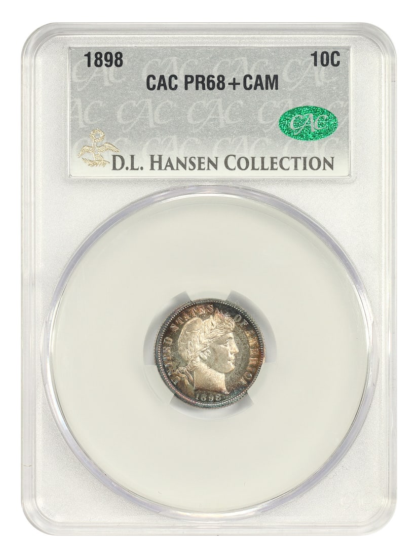 CACG Certified 1898 Proof Barber Dime PR68+CAM From D L Hansen Collection: CACG Certified 1898 Proof Barber Dime PR68+CAM From D L Hansen Collection This 1898 Barber Dime is a proof strike graded PR68+CAM by CACG, indicating a superb ultra gem from a limited mintage of only