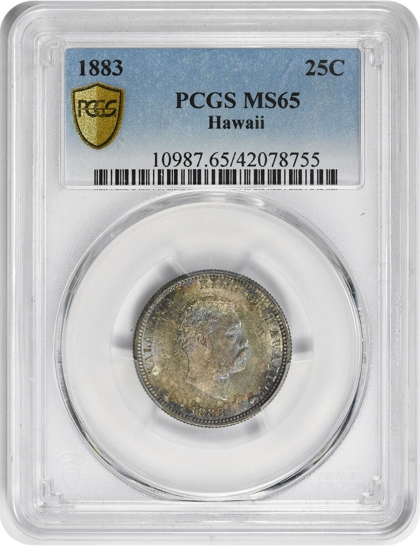 1883 Hawaiian Quarter MS65 PCGS Uncirculated Silver Coin: 1883 Hawaiian Quarter MS65 PCGS Uncirculated Silver Coin This 1883 Hawaiian Quarter is a remarkable collectible piece, certified by PCGS with a grade of MS65, indicating its uncirculated condition. St