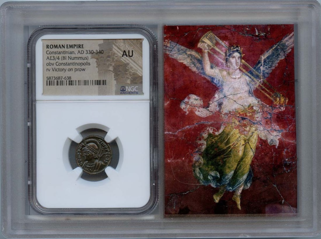 Ancient Roman AE3 or AE4 Coin NGC AU50 Constantinian Era AD 330-340: Ancient Roman AE3 or AE4 Coin NGC AU50 Constantinian Era AD 330-340 This is a Roman Empire AE3/4 coin from the Constantinian era, dated between AD 330-340. The coin has been certified by NGC with a gr